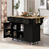 Kitchen trolley with rubber wood leaf countertop, 5-wheel kitchen island, storage cabinet and 3 dining drawers, black - V.I.P Digital Presence