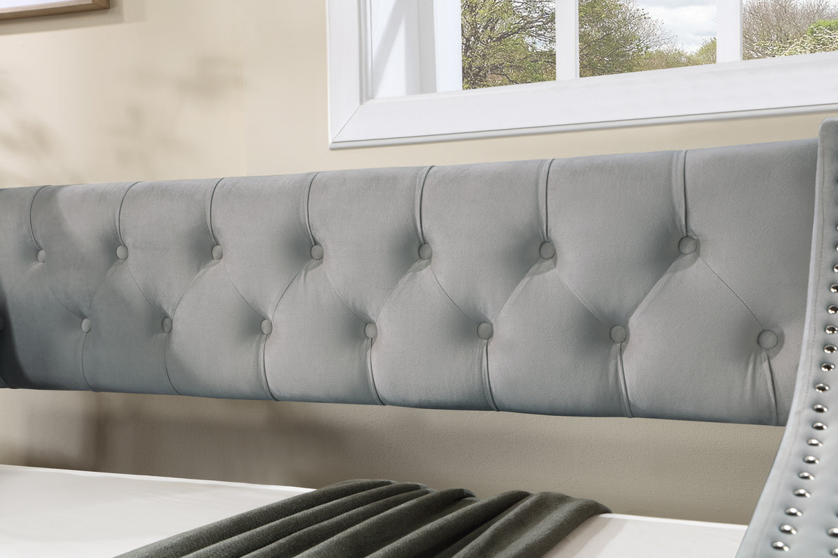 Twin Size Upholstered Daybed with Trundle Sturdy Wood Bedframe w/ Bedframe Tufted Button & Copper Nail on Arms Design - V.I.P Digital Presence