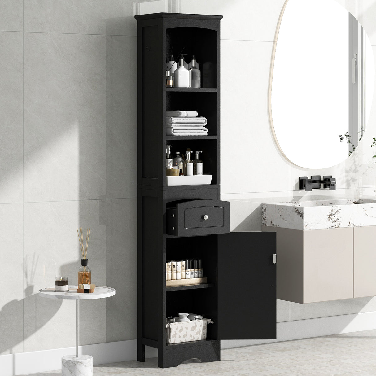 Tall Bathroom Cabinet, Freestanding Storage Cabinet with Drawer, MDF Board, Adjustable Shelf, Black - V.I.P Digital Presence