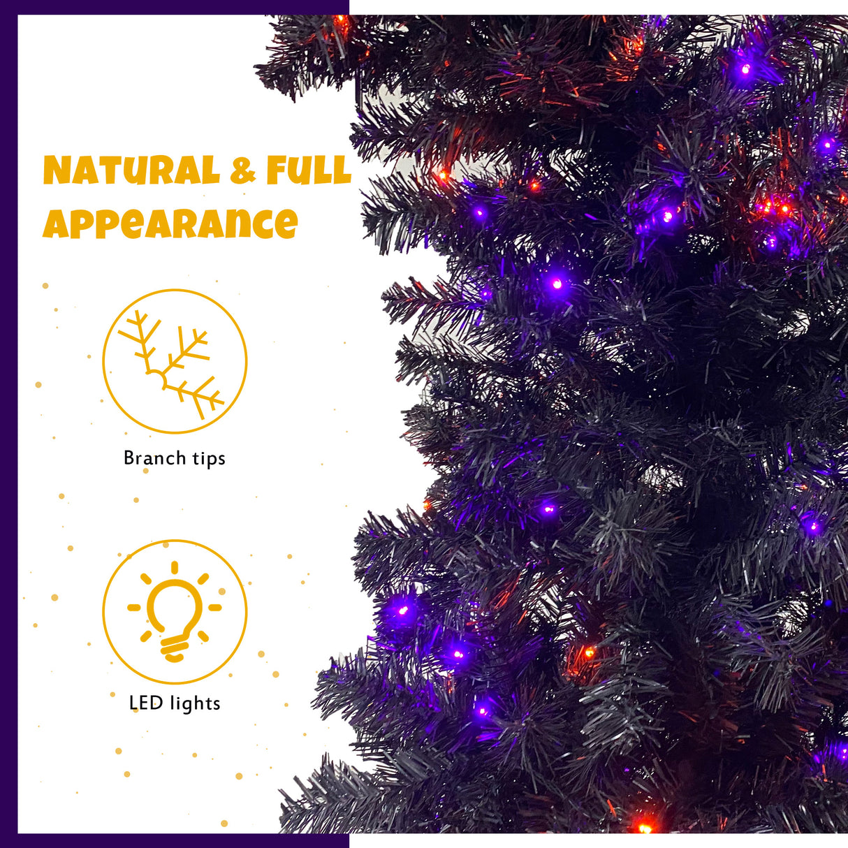 6FT artificial fir curved top Halloween tree, with 1080 lush branch tips and 300 LED lights in a Christmas and Halloween style - V.I.P Digital Presence