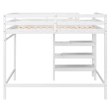 Full Size Loft Bed with Built-in Storage Staircase and Hanger for Clothes  White