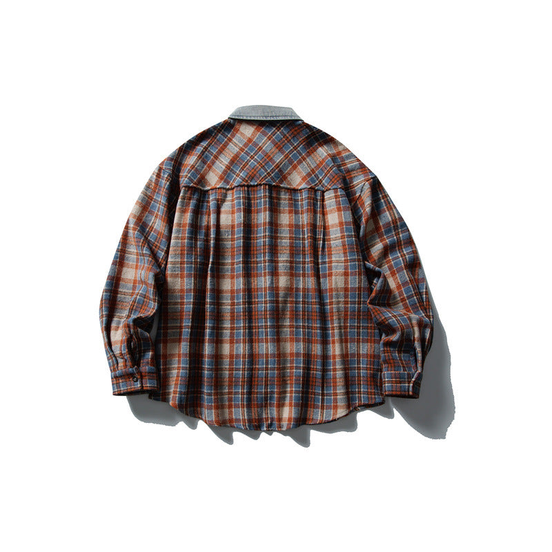 Color blocked denim patchwork brushed plaid shirt for men and women - V.I.P Digital Presence