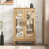 Dual door Curio cabinet with tempered glass doors, mirrored back panel and adjustable shelves, home lighting display cabinet Oak - V.I.P Digital Presence