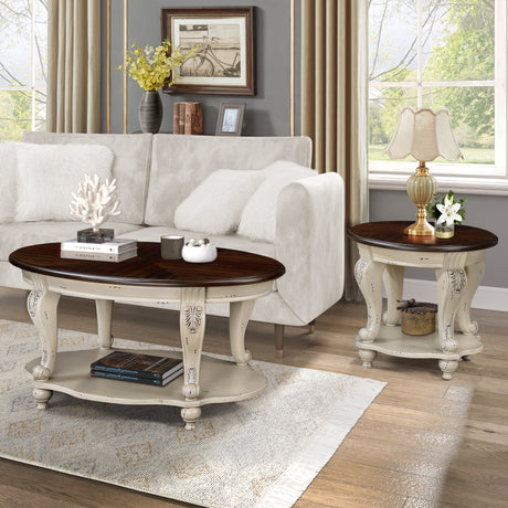 42 inch oval wooden coffee table, 2-story solid wood cocktail table with open storage rack, antique white and cherry tabletop - V.I.P Digital Presence