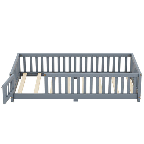 Twin Size Bed Floor Bed with Safety Guardrails and Door for Kids, Gray - V.I.P Digital Presence