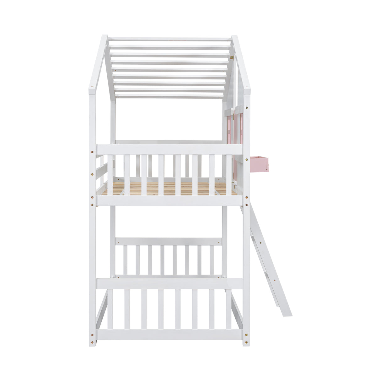 Twin over Twin House Bunk Bed with Roof , Window, Window Box, Door , with Safety Guardrails and Ladder, Pink/White - V.I.P Digital Presence