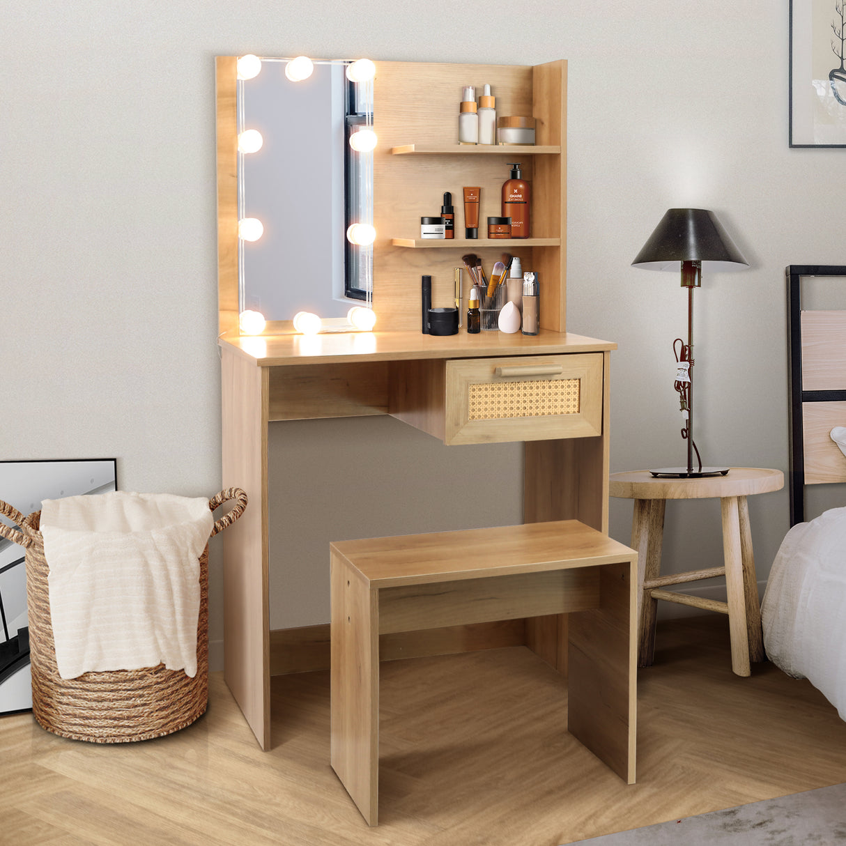 Vanity Desk Set Stool & Dressing Table with LED Lighting Mirror Drawer and Wood Cosmetic Table Chest of Drawers Nature Color - V.I.P Digital Presence