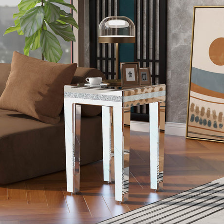 ON-TRANS glass mirror edge table, easy to assemble crystal design and adjustable height leg edge table, silver - V.I.P Digital Presence