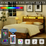 Elevating storage bed frame, full-size bed frame with bookshelf headboard and LED lights, with country brown color - V.I.P Digital Presence
