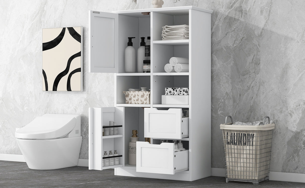 Bathroom storage cabinet with doors and drawers, multiple storage spaces, independent, open adjustable shelves, white - V.I.P Digital Presence