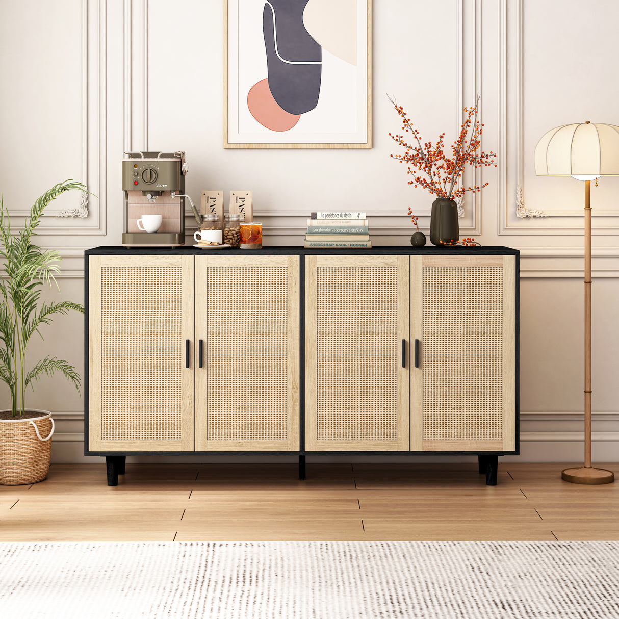 62.20"Elegant and Functional 4-Door Rattan Decorative Storage Cabinet,for Bedroom,Living Room,Office,Easy Assembly,Black - V.I.P Digital Presence