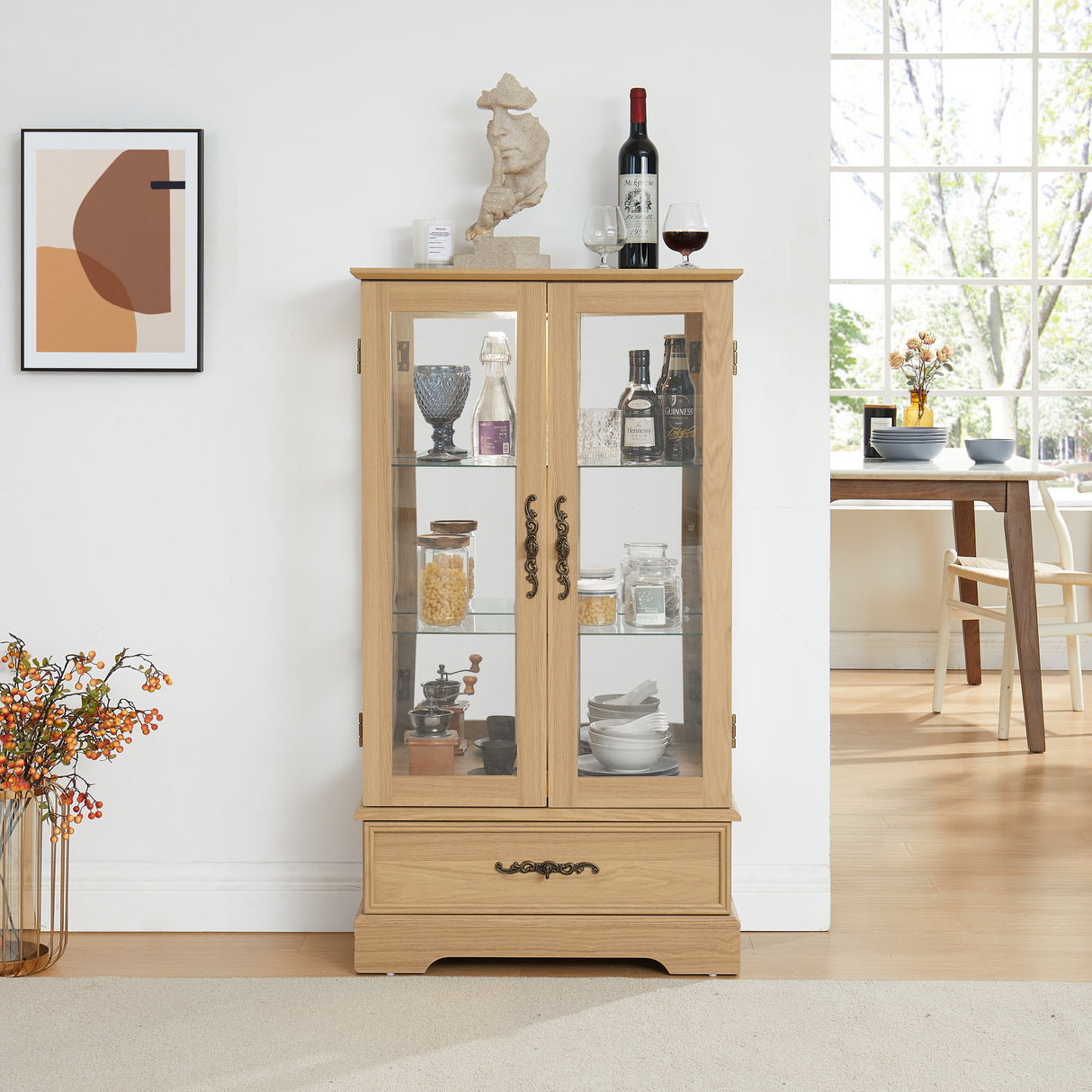 Light colored glass cabinet with adjustable glass frame, including cabinet light bulbs OAK with 2 doors and 1 drawer - V.I.P Digital Presence