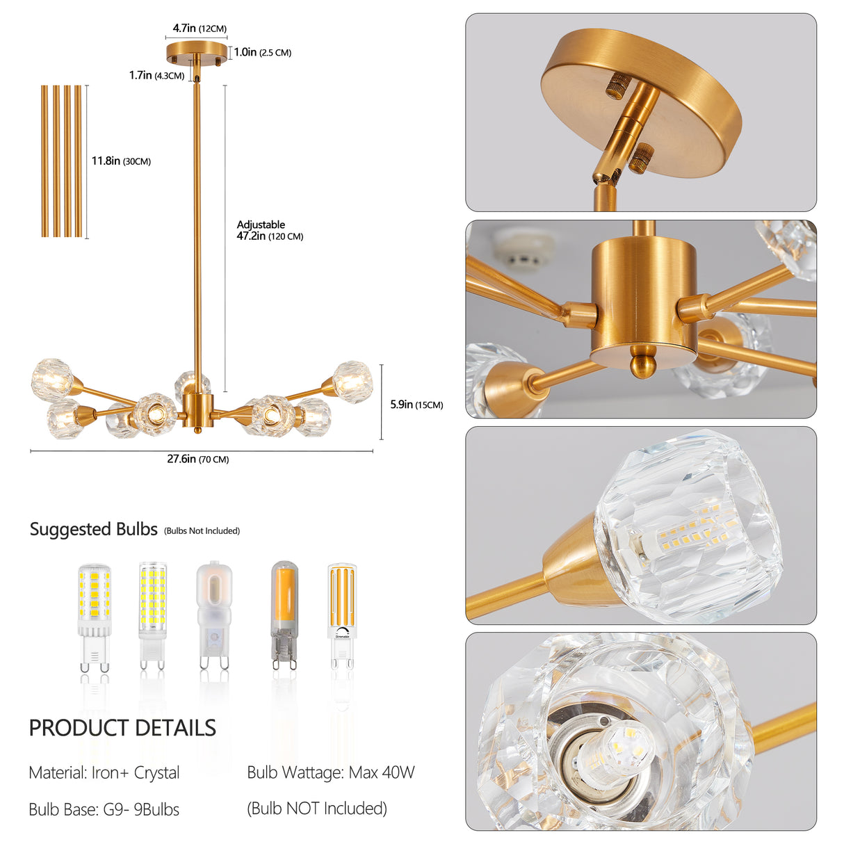 Modern Crystal Chandeliers, 9 Lights Golden Chandelier for Living Room Bedroom (Bulbs Not Included) - V.I.P Digital Presence