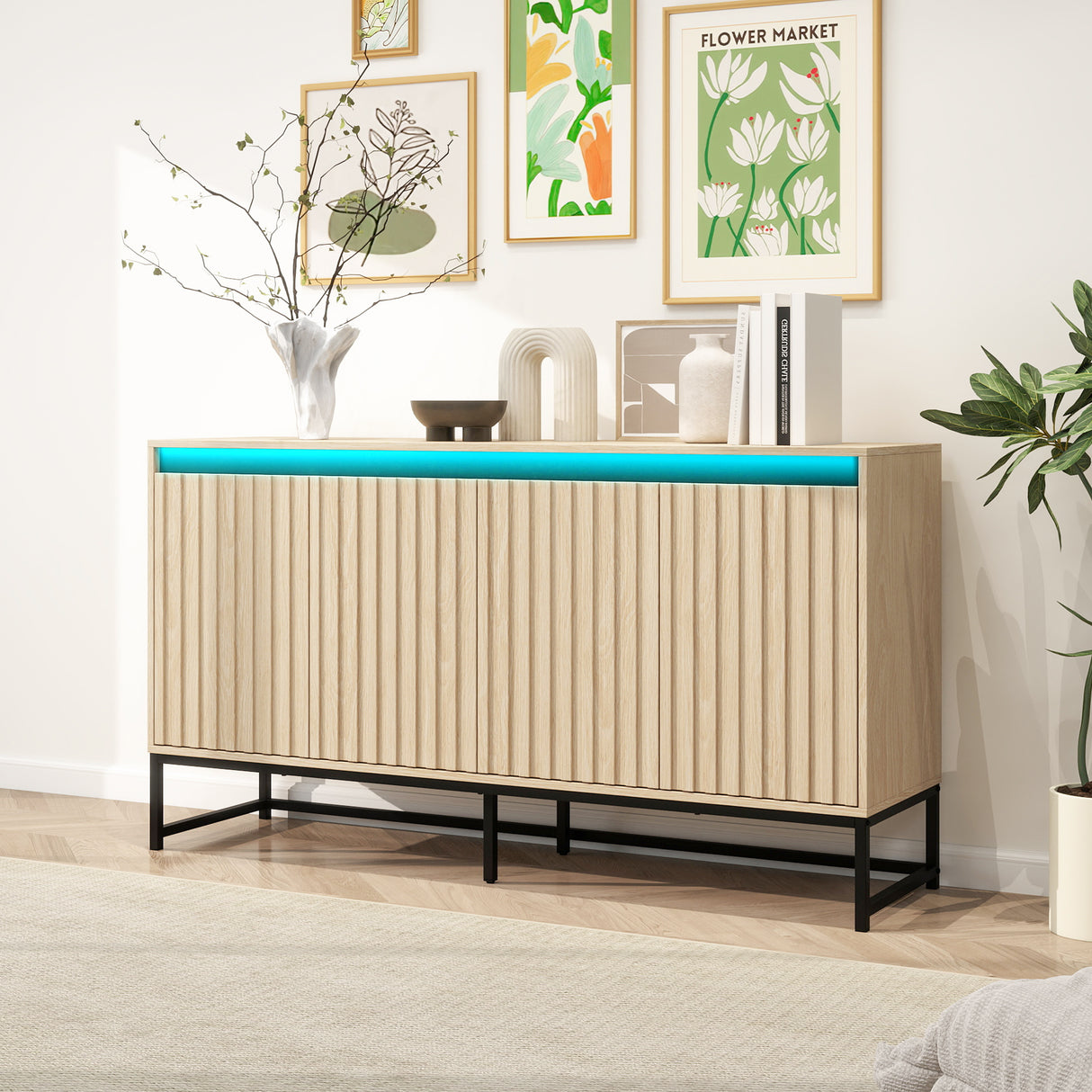 Engraved 4-door side panel with LED, self-service cabinet storage cabinet, modern coffee bar cabinet with adjustable shelves - V.I.P Digital Presence