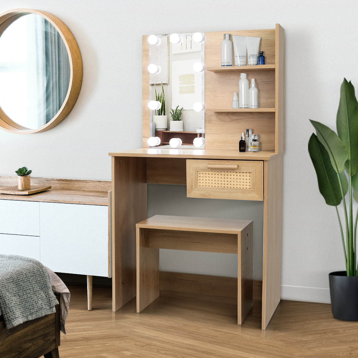 Vanity Desk Set Stool & Dressing Table with LED Lighting Mirror Drawer and Wood Cosmetic Table Chest of Drawers Nature Color - V.I.P Digital Presence