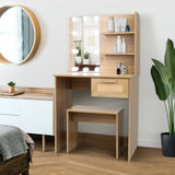 Vanity Desk Set Stool & Dressing Table with LED Lighting Mirror Drawer and Wood Cosmetic Table Chest of Drawers Nature Color - V.I.P Digital Presence