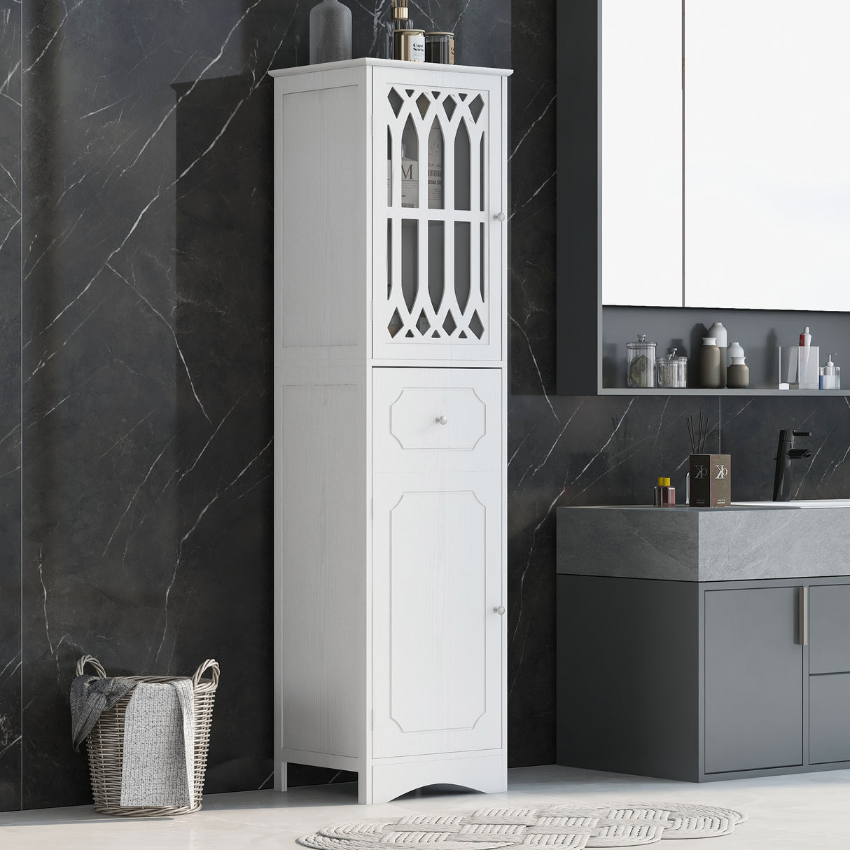 Tall Bathroom Cabinet, Freestanding Storage Cabinet with Drawer and Doors, MDF Board, Acrylic Door, Adjustable Shelf, White - V.I.P Digital Presence