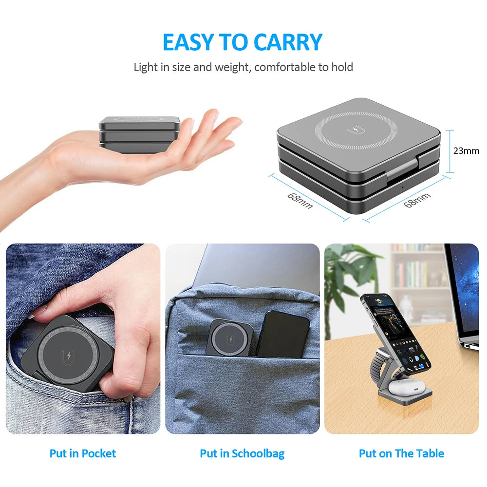 Wireless Charger 3 in 1 Foldable Magnetic Wireless Charging Station for iPhone 15 14 13 12 Pro Max Apple Watch 8 9 Charger - V.I.P Digital Presence