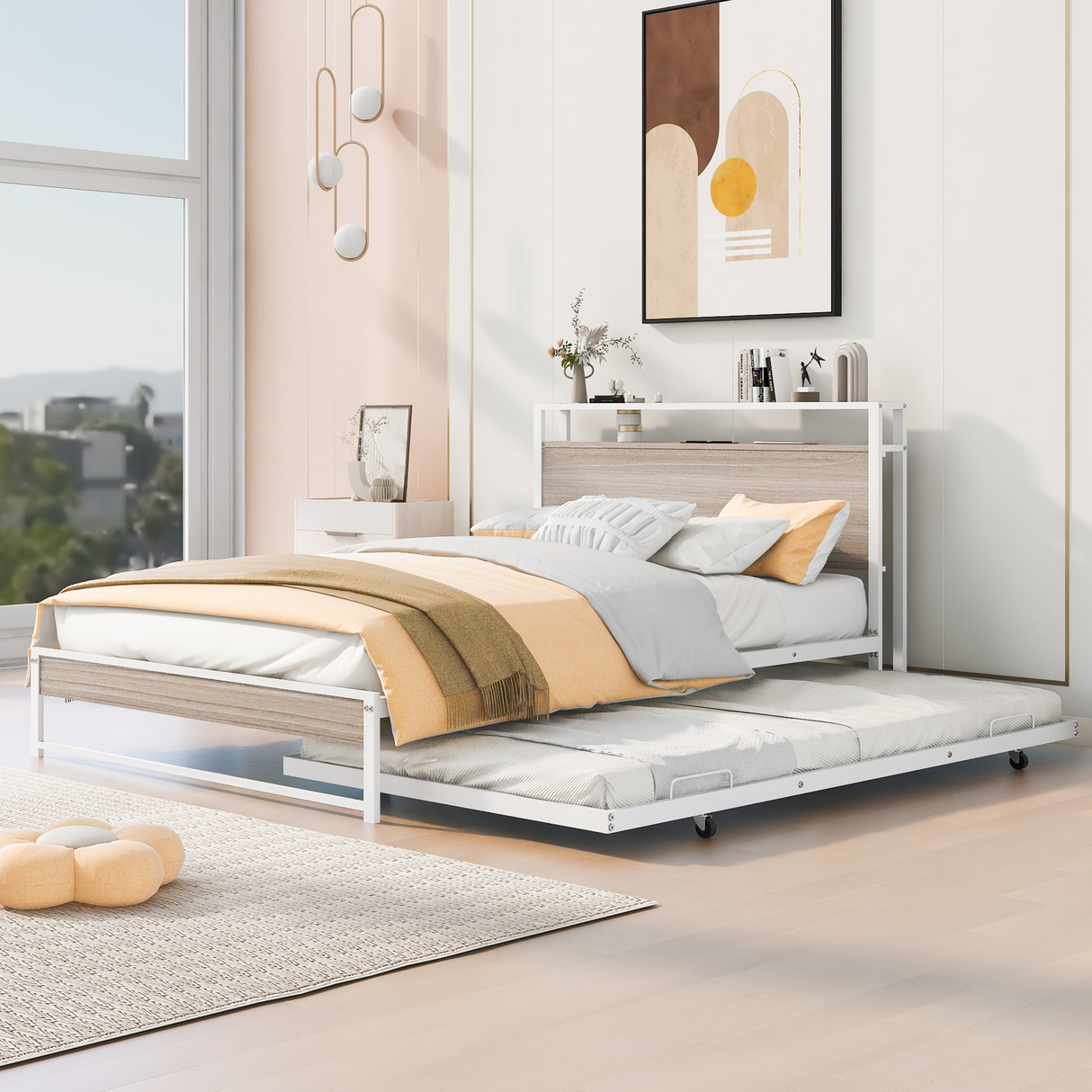 Full Size Metal Platform Bed Frame with Trundle, USB Ports and Slat Support No Box Spring Needed White - V.I.P Digital Presence