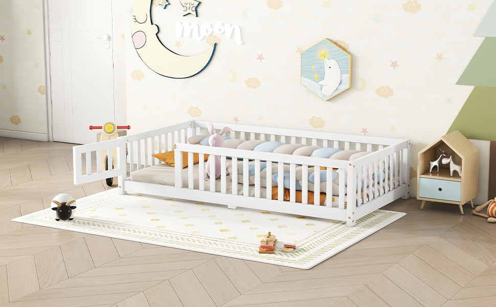 Twin Size Bed Floor Bed with Safety Guardrails and Door for Kids, White - V.I.P Digital Presence