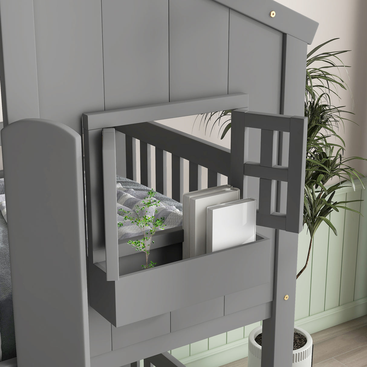 Twin over Twin House Bunk Bed with Roof , Window, Window Box, Door , with Safety Guardrails and Ladder, Grey - V.I.P Digital Presence