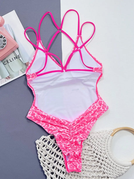 Leopard Plunge Spaghetti Strap One-Piece Swimwear - V.I.P Digital Presence