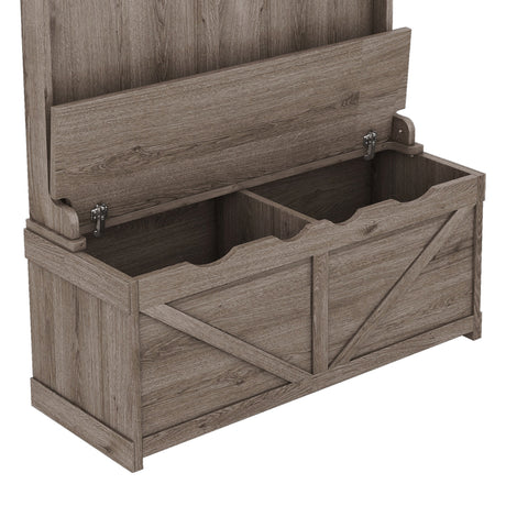 Hall tree with storage desk, entrance desk with drawers and 5 hooks, display rack,Oak - V.I.P Digital Presence