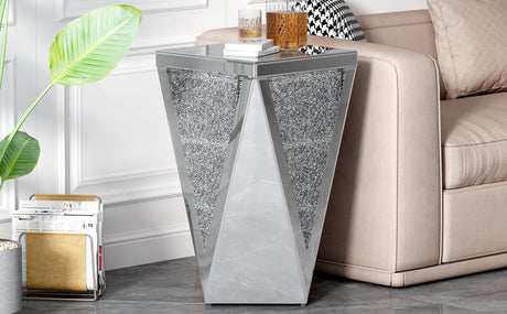 U-Can 13.8'' Silver Square Mirrored End Table, Modern Side Table with Crushed Diamond for Living Room, No Assembly Required - V.I.P Digital Presence