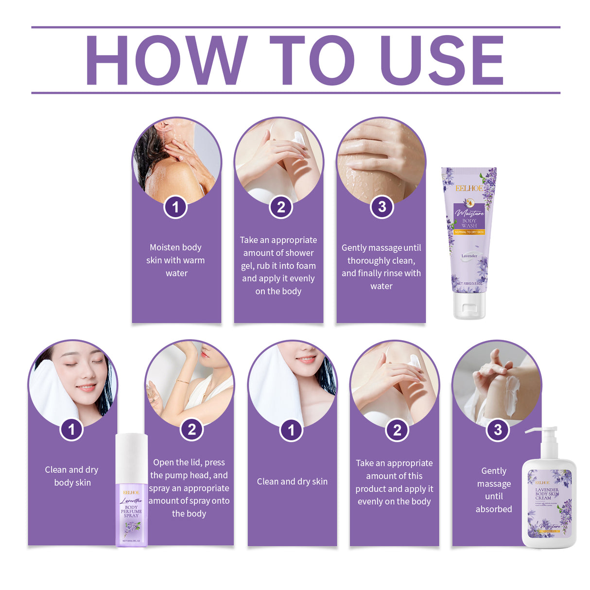 Set de fragancia calmante corporal de lavanda. Set de cuidado de la piel hidratante suave.