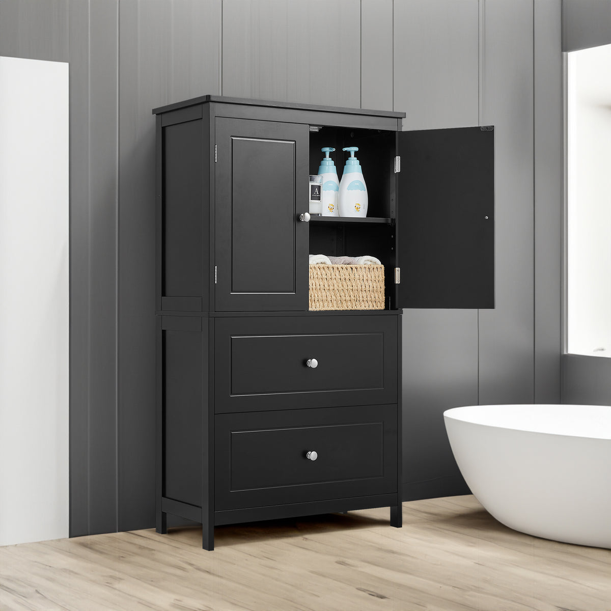Bathroom Storage Cabinet, Cabinet with Two Doors and Drawers, Adjustable Shelf, MDF Board, Black - V.I.P Digital Presence