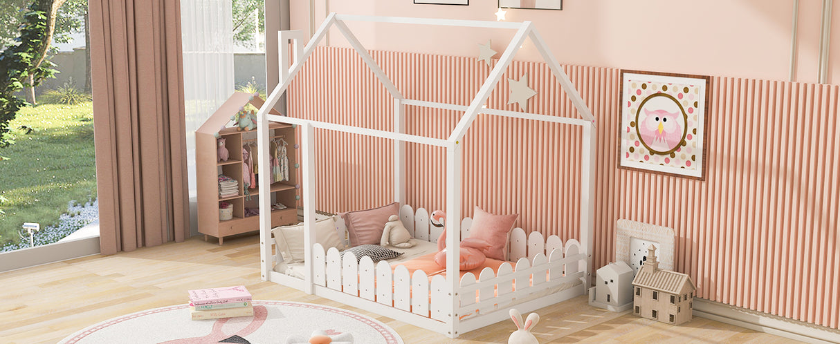 (Slats are not included) Full Size Wood Bed House Bed Frame with Fence for Kids Teens Girls Boys (White ) - V.I.P Digital Presence