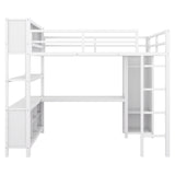 Metal loft bed with wardrobe and L-shaped desk, full-size loft bed with storage cabinet and shelf, white - V.I.P Digital Presence