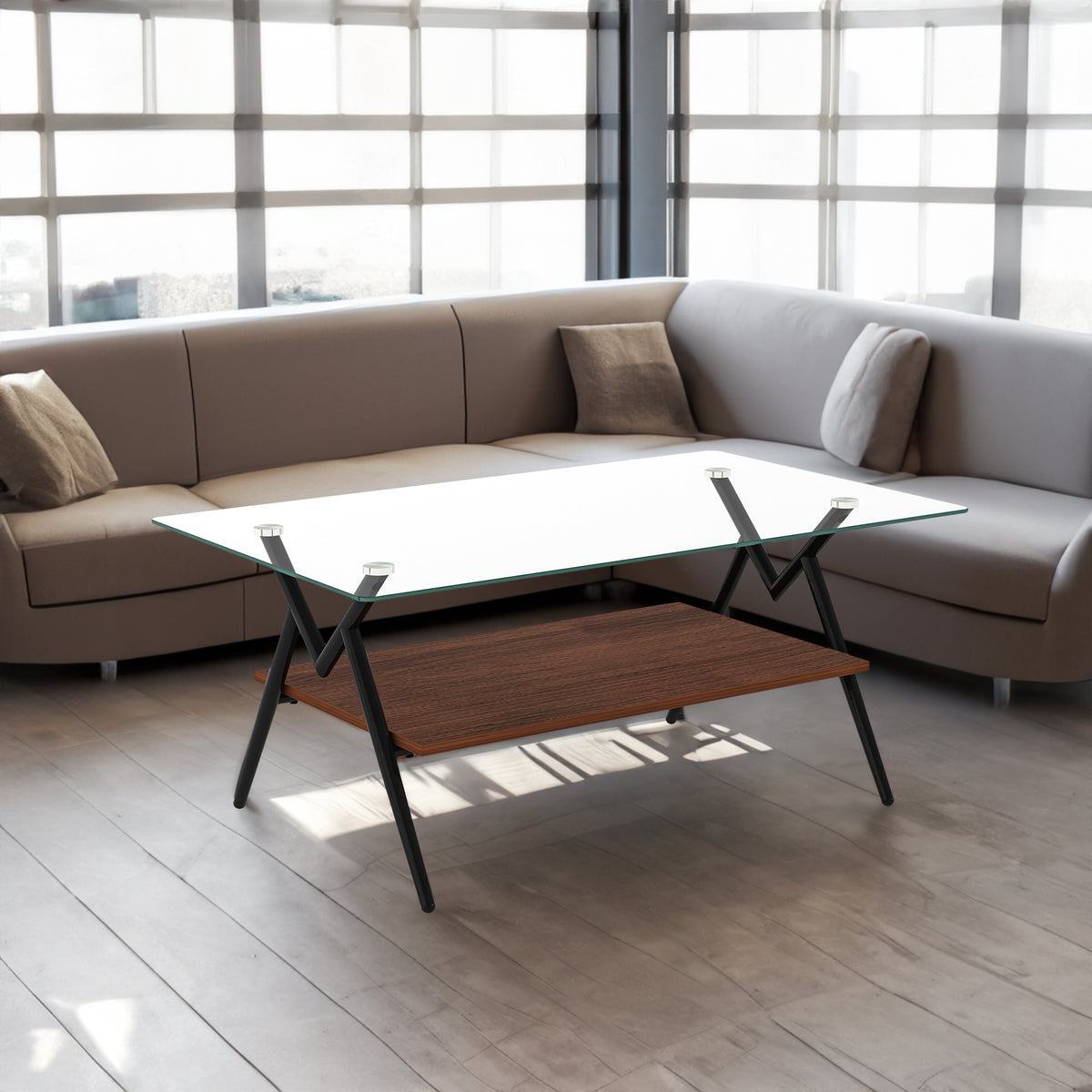 Rectangle Coffee Table with Tempered Glass top and Black Metal Legs, Modern Table for Living Room , Transparent Glass - V.I.P Digital Presence