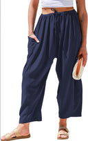 European and American women's elastic waisted pleated high waisted wide leg loose Haren cotton linen pants - V.I.P Digital Presence