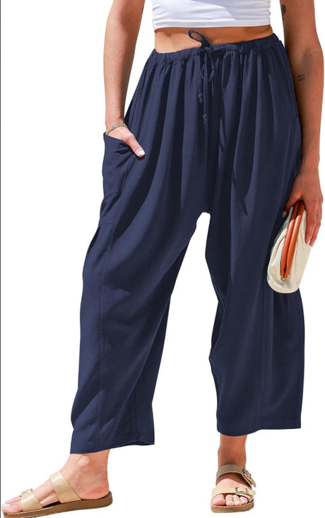 European and American women's elastic waisted pleated high waisted wide leg loose Haren cotton linen pants - V.I.P Digital Presence