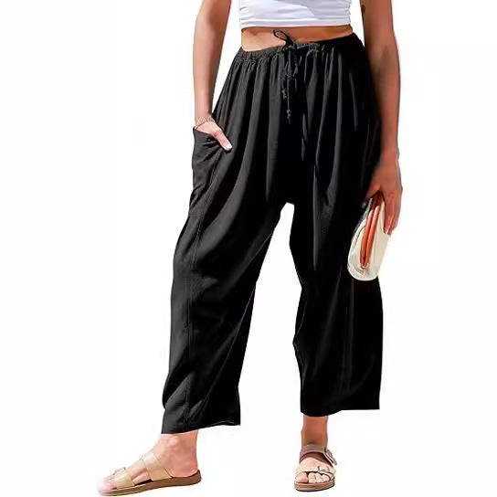 European and American women's elastic waisted pleated high waisted wide leg loose Haren cotton linen pants - V.I.P Digital Presence