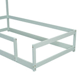 Twin Size Wood bed with House-shaped Headboard Floor bed with Fences,Light Green - V.I.P Digital Presence