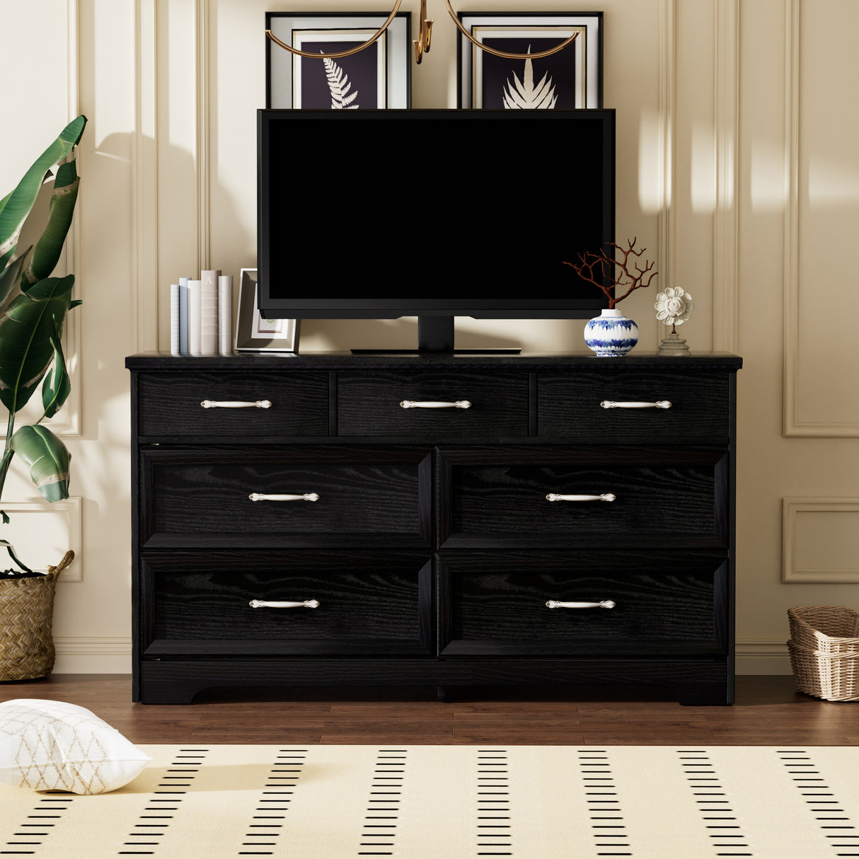 Modern 3 Drawer Bedroom Chest of Drawers with 7 Drawers Dresser, Clothes Organizer -Metal Pulls Black, 47.6″L x 15.7″W x 26.6″H - V.I.P Digital Presence