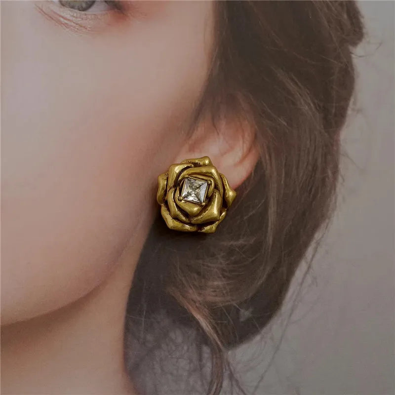 Brass Gold Color Metal Rose Flower Stud Earrings Geometry Zircon Shiny for Women Girls Jewelry Gifts Europe and America - V.I.P Digital Presence
