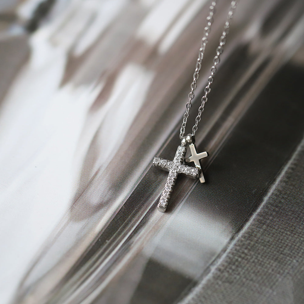 Full diamond hip-hop fashion cross necklace with micro inlaid collarbone chain titanium steel silver non fading women's style - V.I.P Digital Presence