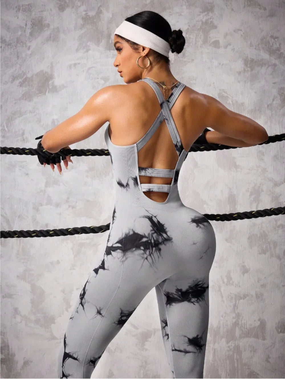 Back Crisscross Tie-Dye Scoop Neck Active Jumpsuit - V.I.P Digital Presence