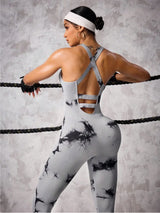 Back Crisscross Tie-Dye Scoop Neck Active Jumpsuit - V.I.P Digital Presence