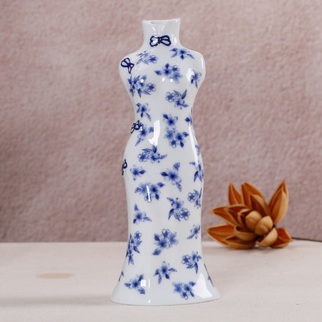 Ceramic ornaments blue and white porcelain mini vases cheongsam flower arrangements living room home decorations - V.I.P Digital Presence