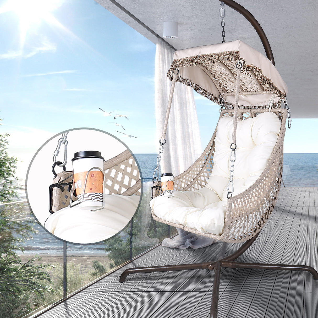 Swing Egg Chair with Stand Indoor Outdoor Wicker Rattan Frame 350lbs Capacity Hammock Chair for Patio Bedroom with Sunshade Clot - V.I.P Digital Presence