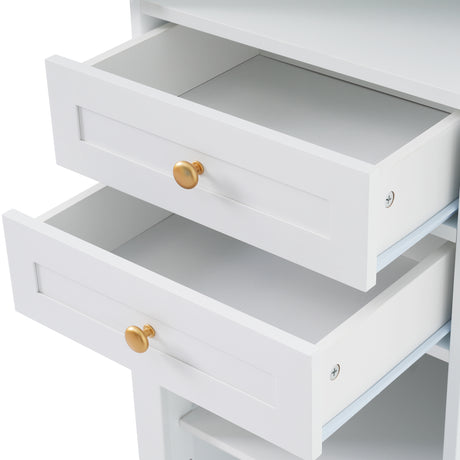 High bathroom storage cabinet with glass door, freestanding, two drawers and adjustable shelves, MDF board, painted white - V.I.P Digital Presence