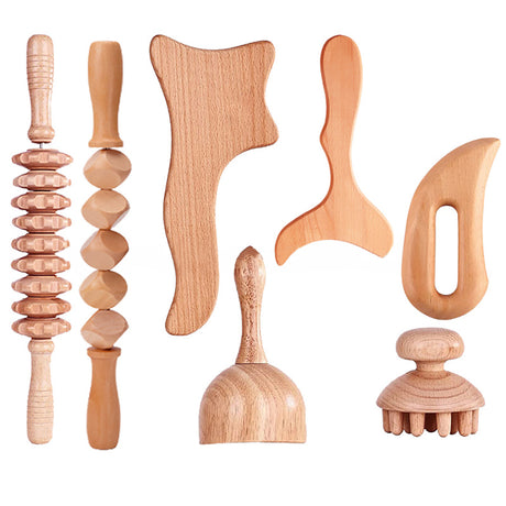 Beech wood therapy scraping cup, meridian dredging roller, tendon rolling stick, scraping board, head massager, massage set - V.I.P Digital Presence