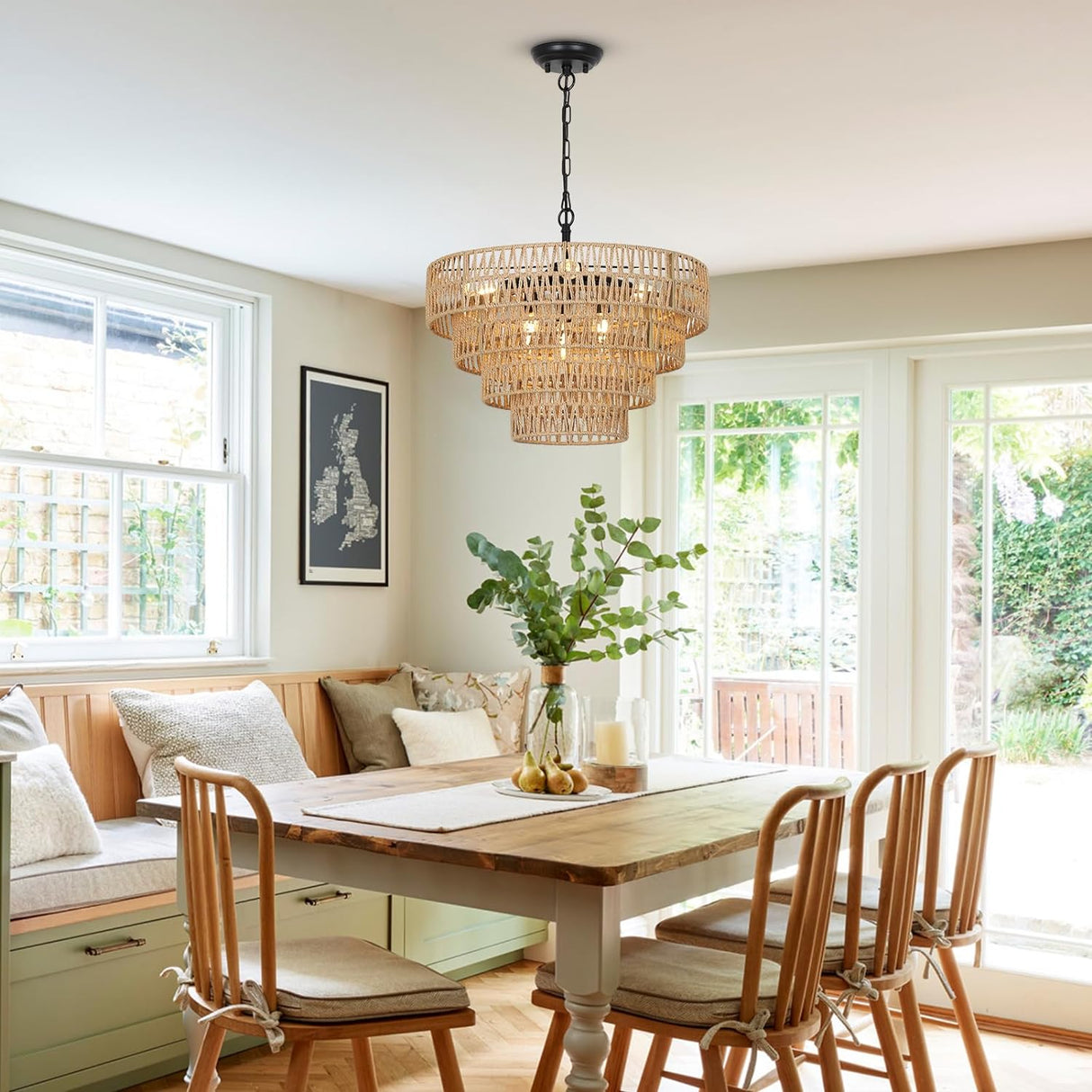 6-Light Dining Room Light Fixture, Wicker Pendant Lighting with 4-Tier Woven Lampshade, Large Farmhouse Chandeliers (20") - V.I.P Digital Presence