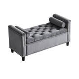 Storage Bench, 44.5-Inch Queen Velvet Button Bedside Bench, Entryway Living Room with Armrests, Nailhead Trim Gray - V.I.P Digital Presence