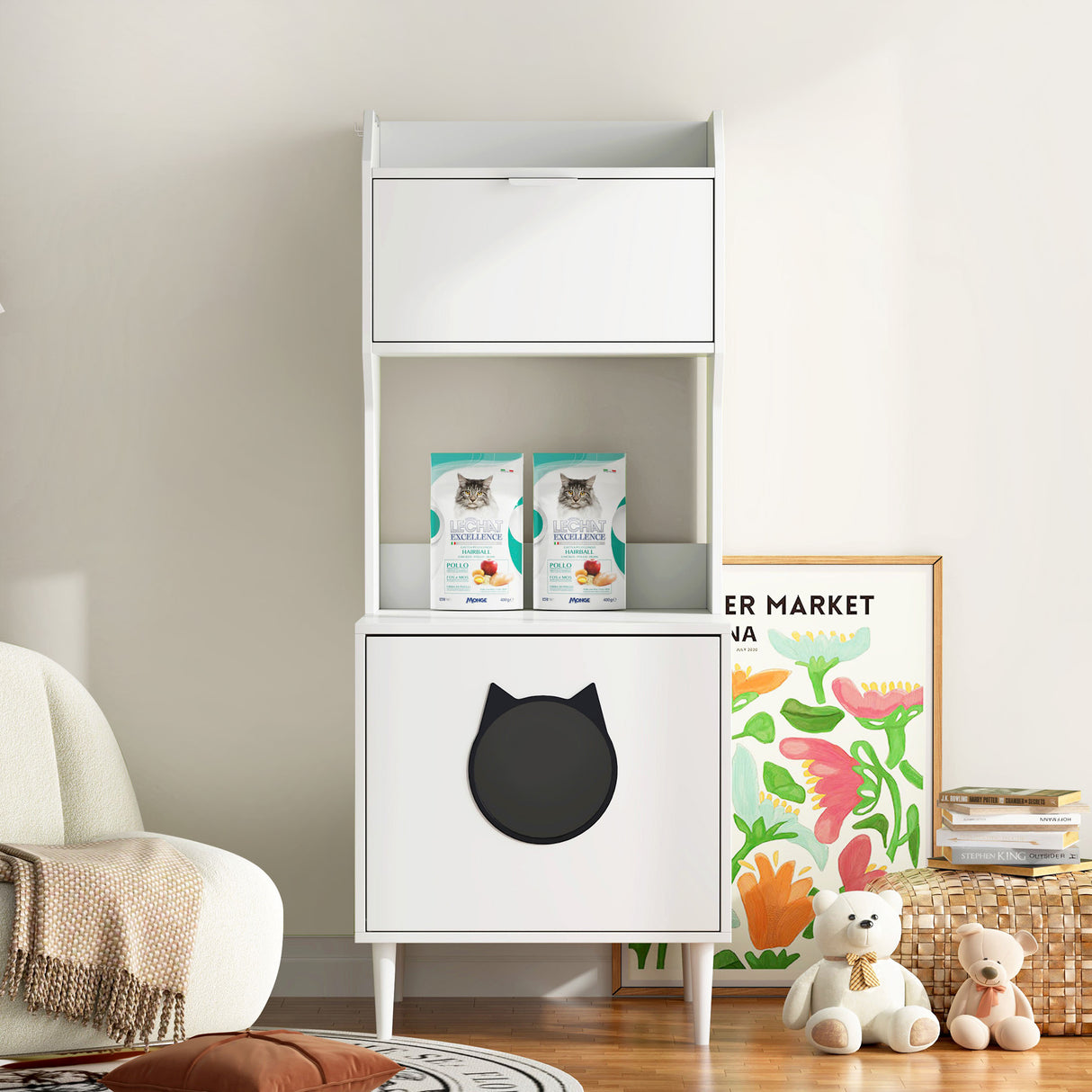 White wooden hidden cat trash can with rack and trash can shell, indoor cat house pet box, storage cabinet - V.I.P Digital Presence