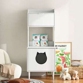 White wooden hidden cat trash can with rack and trash can shell, indoor cat house pet box, storage cabinet - V.I.P Digital Presence